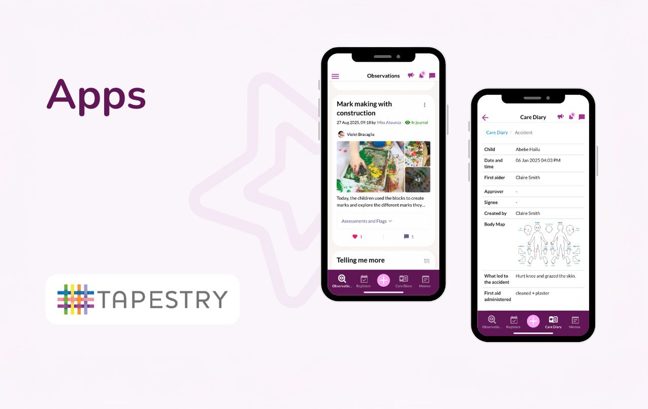 Two smartphone screens displaying the Tapestry app interface are shown. The left screen shows a child's artwork observation, while the right shows a care diary entry. The background is a soft purple with the word "Apps" and a Tapestry logo.